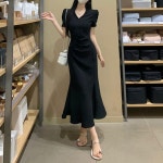 H 퍼프소매 슬림핏 머메이드 원피스