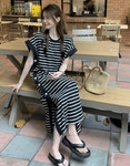 마리뜨 앤지오 스트라이프 사이드 슬릿 단추 롱 원피스
