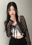 멜팅블루 [Y2K/햇빛차단]벨릭 리본 크롭 도트 워머 시스루 크롭 여름 간절기 가디건(아이/핑크/블랙)