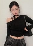 멜팅블루 [유니크/활용도굿ෆ]시이나 한쪽 원 오프숄더 연결 초커 끈 티셔츠(아이/네이비/블랙)