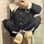 와이비비 66까지 쫄깃 소재 므을 공주 프릴 빅 카라 리본 트임 투피스 파자마