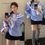 해나리아 🚀당일발송🚀 스프링 레이스 러플 스트라이프 블라우스 셔츠