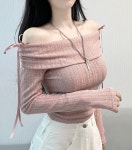 루나피아 [ 청순여리핏 ] 쥬시 리본 오프숄더 티셔츠 니트 시스루 봄니트 여름니트 벚꽃 여신룩