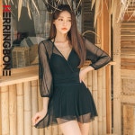 헤링본 [주7일배송] 홀터넥 블랙 시스루 섹시 모노키니 치마 원피스 수영복 휴양지 바캉스 호캉스 풀파티 체형커버 빅사이즈 CE007