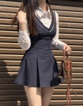 뮤즈모브 *only musemauve* 루나 셔츠 레이어드 플리츠 미니 원피스 navy
