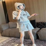 라비느엘 S0131 밑단빈티지 레터 후드티셔츠 반바지 트레이닝복 세트