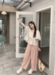 클로디 캠핑룩 데일리룩 퍼프 반팔 블라우스/주름 와이드 팬츠 코디세트