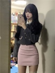 클로디 교복 졸업식 코스프레 크롭 자켓/타이+셔츠+핑크 H라인 스커트 코디 졸업패션/단체룩
