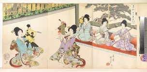 Yōshū (Hashimoto) Chikanobu | Ladies in Waiting of the Chiyoda Castle: Sword Practice and Puppet Kyōgen | Japan | Meiji period... 