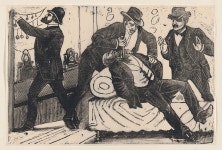 룻스토어(LOOT_STORE) | José Guadalupe Posada - A man stabbing another man in the chest while his associates loot a store, from a broadside entitled...