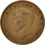 Great Britain, George VI, 1/2 Penny, 1943, VF(30-35), B Great Britain, George VI, 1/2 Penny, 1943, VF(30-35), Bronze, KM:844