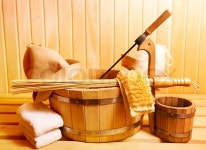 Sauna accessories in wooden sauna | Stock image | Colourbox