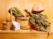 Sauna accessories in wooden sauna | Stock image | Colourbox