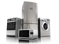 Home appliances. Set of household kitchen technics isolated on white. Fridge, gas cooker, microwave oven and washing machine. 3d... 