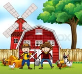 Scene with two farmers and animals ... | Stock vector | Colourbox