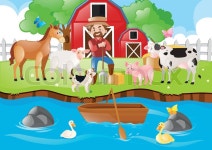 Farm scene with farmer and animals by ... | Stock vector | Colourbox