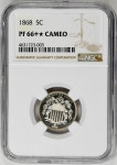 1868 5C, CA Shield Nickel – NGC PF66+CAM