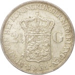 Netherlands, Wilhelmina I, 2-1/2 Gulden, 1931, AU(50-53 Netherlands, Wilhelmina I, 2-1/2 Gulden, 1931, AU(50-53), Silver