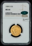 1909-D $5 Gold Indian Head Half Eagle - NGC & CAC MS 64 1909-D $5 Gold Indian Head Half Eagle - NGC & CAC MS 64 - PQ Coin - SKU-G1095