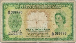 Malaya and British Broneo 5 Dollars 1953 P#2