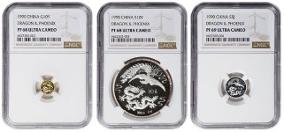 Trio of 10 Yen and 5 Jiao + Original Box (3 Coins/1 Box), 1990. Dragon & Phoenix Series. All NGC Certified.