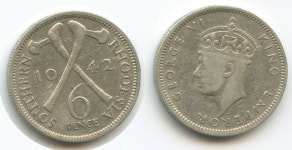 H0490 - Southern Rhodesia 6 Pence 1942 KM#17 Silver Geo H0490 - Southern Rhodesia 6 Pence 1942 KM#17 Silver George VI. Südrhodesien