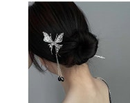 델리아 [당일발송] 키치 메탈 나비 헤어 비녀 테슬 비즈 블랙 큐빅 머리 악세사리
