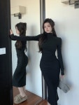던웨이즈 (~L/3color)핑거홀 목폴라 셔링 주름 롱원피스 폴라 하이넥 슬림핏 H라인 원피스 어깨 퍼프 긴팔 도톰 러블리 력셔리 연말 가을 겨울... 