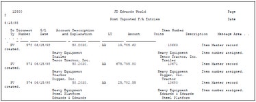 Post G/L Journal Entries to Equipment