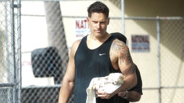 Joe Manganiello showcases his fit form as he leaves the gym in Los Angeles with pooch Bubbles that he won in Sofia Vergara... 