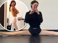 Nicola Peltz poses in black gym shorts as she does the splits... Online Nicola Peltz poses in black gym shorts as she does the splits