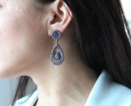 Deadstock gold bronze drop-stud earrings with blue crystals. | Etsy