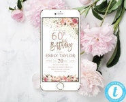 60th Birthday Boho Floral Phone Party Invitation E-invite | Instant Download DIY Printable Editable | Templett Blush Gold F1045