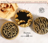 3 Zauberhafte Alte Vintage Glasknöpfe Anno 1950/60 - Diverse Designs - Schwarzes Glas Golden Verziert - ø Je Ca 22 Mm - Nr 608... 