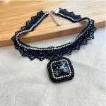 Lace Choker With Iridescent Crystal Pendant – Handmade Statement Necklace With Beaded Felt Center – Steel Clasp – NJ004 - Etsy
