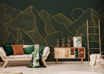 Dark Green and Gold Matte Mountain and Sun Line Art Pattern Wallpaper Self Adhesive, Peel & Stick, Removable Wallpaper - Etsy