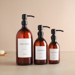 Amber Plastic Bottle Labelled Refillable Bottle With Metal Matte Black Pump Dispenser for Shampoo, Hand Soap, Cream, Body Wash... 