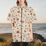 Floral Pattern Groomer Jacket Scrub Cap, Colorful Flowers, Unisex Work Scrub Top Nature Neutral Zip up Tunic, Matching Hat... 