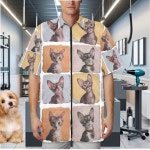Cat Tiles Grooming Jacket, Sphynx Peterbald Devon Cornish Rex Zip Front Colored Pet Feet Scrub Top Zip up Tunic Pastel Groomer... 