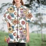 Floral Pattern Groomer Jacket Scrub Cap, Colorful Flowers, Unisex Work Scrub Top Nature Neutral Zip up Tunic, Matching Hat... 