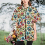 Floral Pattern Groomer Jacket Scrub Cap, Colorful Flowers, Unisex Work Scrub Top Nature Neutral Zip up Tunic, Matching Hat... 