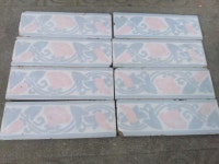 4.5lf, 8, Vintage Morning Glory Vine Faience, 6 X 2 X 1/2 Whole Border Tile 1930s, Never Installed NOS Ish, Pink, Green, Milky... 