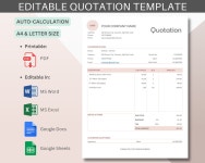 Editable Quotation Template Auto-calculation PDF, MS Word, MS Excel, Google Docs, Google Sheets A4, Letter Size Instant Download... 