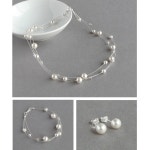 White Floating Pearl Jewellery Set - Illusion Necklace, 3 Strand Bracelet and Earrings - Multi-strand Bridal/wedding Jewellery...