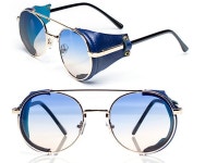 Leather Shield Steampunk Sunglasses 90s Blue Lense Gold Metal | Etsy