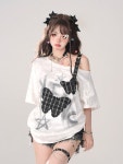 Sweet Love One Shoulder Strap Loose T-Shirt - White top / S 스위트 러브 원 숄더 스트랩 루즈 티셔츠 | Off shoulder outfits... 