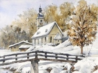 겨울 풍경 수채화 - 눈 덮인 강변 (스케치 & 칼라 혼합 보기. 아르쉬 황목)남일수채화 Winter Landscape Watercolor - Snowy... 
