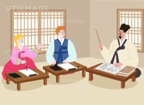 문화체험, 한국, 외국인, 사람, 관광, 전통문화, 한옥, 여행, 체험, 관광객, 서당, 공부, 서예, 훈장님, 붓, 먹, 책, 종이, 창문, 동양인, 책상, 한복
