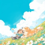 초원에서 놀고 있는 골 A golden retriever and a boy are rolling and playing around in the grass under the sky.… in 2024... 