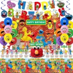 Sesame Friends Street Birthday Party Supplies, Party Decorations Set Include Banner, Backdrop, Balloons, Hanging Swirls, Cake... 